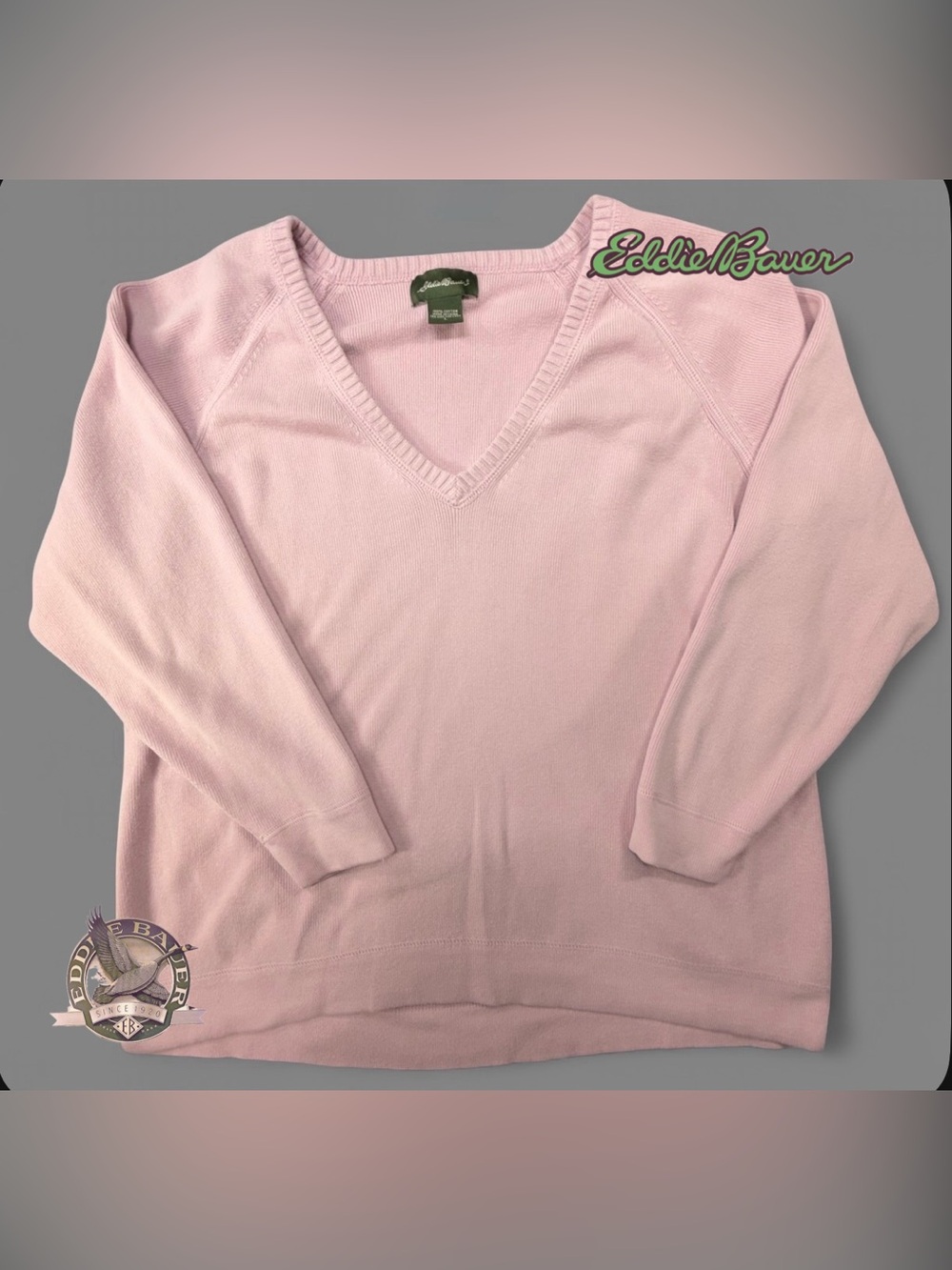 Eddie Bauer Sweater Womens L Pink V-Neck Cotton Knit Pullover 21.5x22 Rose